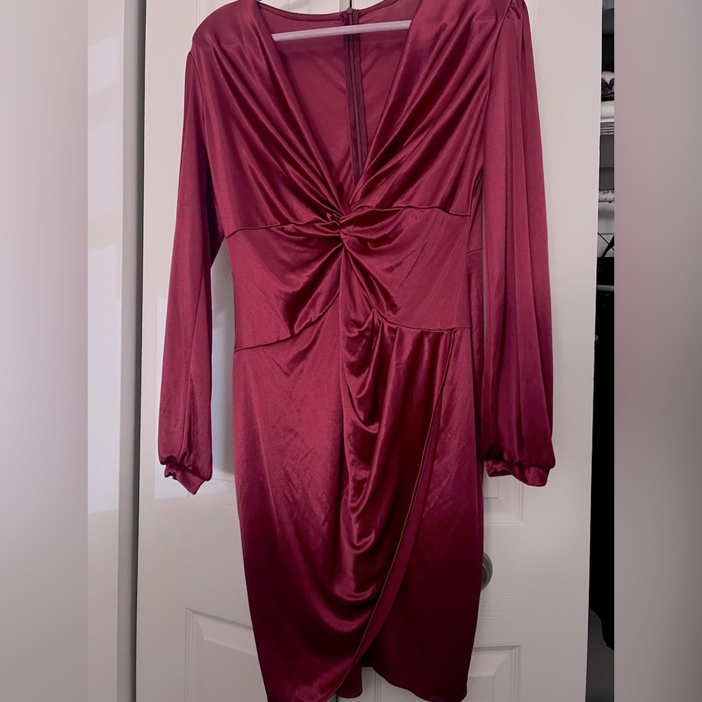 FairyLove Women's Drape Neck Bodycon Burgundy Bishop Longsleeve Formal Dress